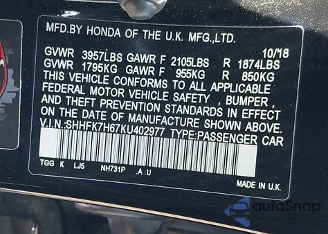 2019 Honda Civic Ex from USA, damaged, VIN SHHFK7H67KU402977